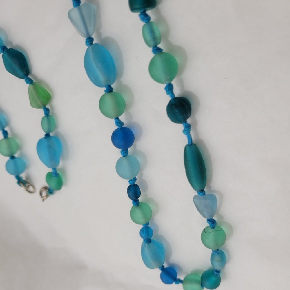 Antique Sea Glass Polish By Nature Necklace Set Hand Beaded & Knotted Blue Sky